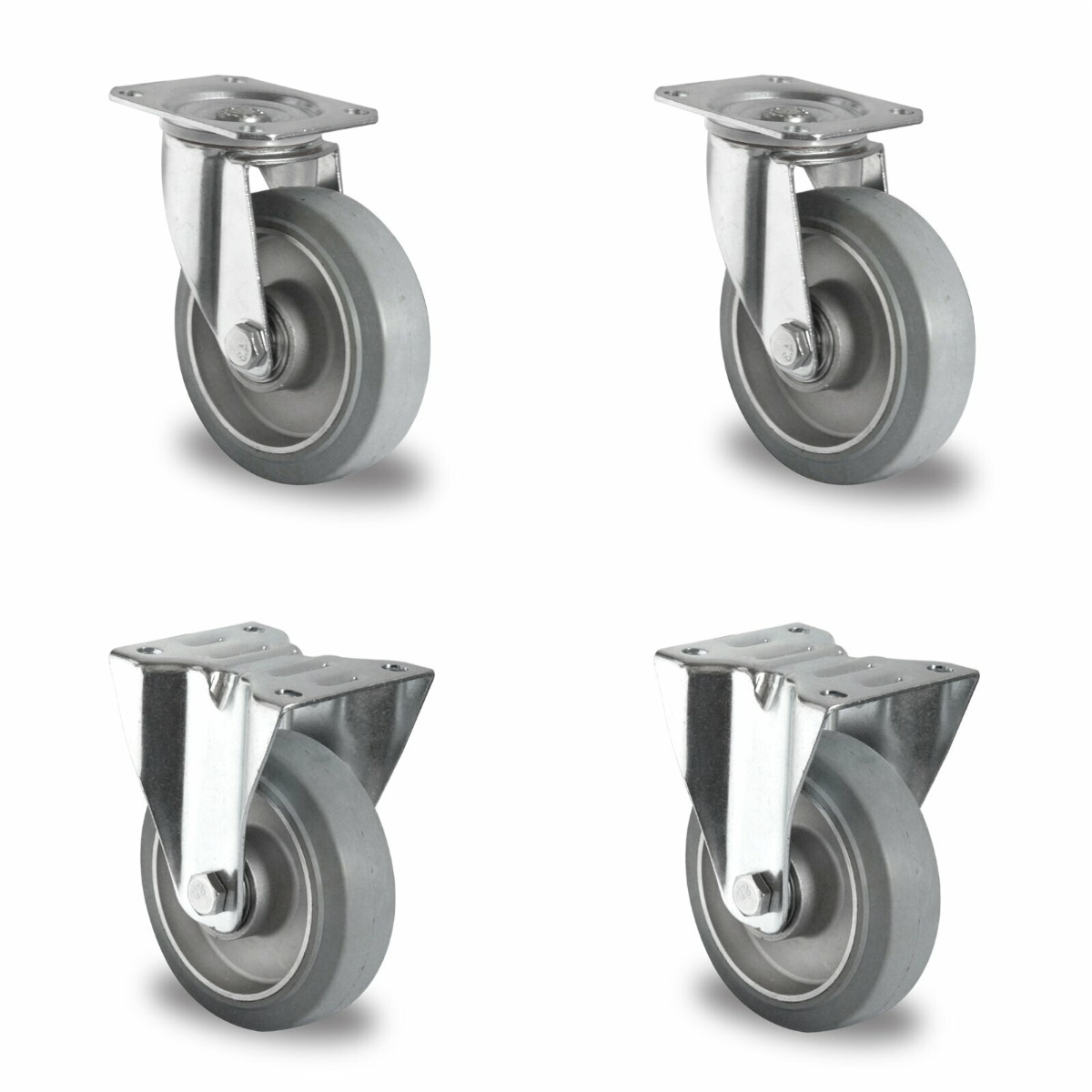2 Lenkrollen und 2 Bockrollen für Rollbehälter im Durchmesser 125 mm mit Lauffläche aus grauem Elastik und Aluminium-Felge