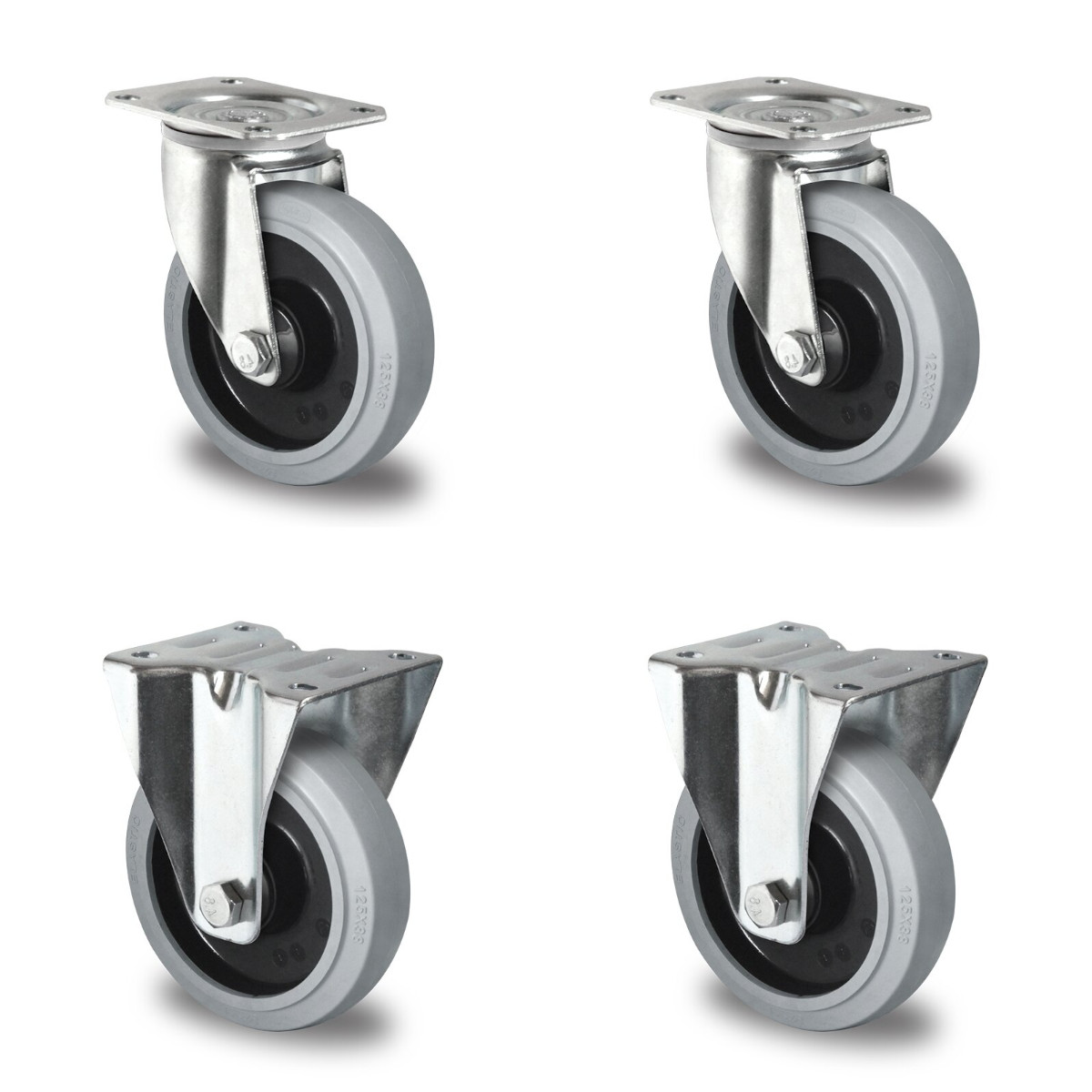 2 Lenkrollen und 2 Bockrollen für Rollbehälter im Durchmesser 125 mm mit Lauffläche aus grauem Elastik und Polyamid-Felge
