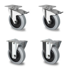 2 Lenkrollen mit Feststeller und 2 Bockrollen für Rollbehälter im Durchmesser 125 mm mit Lauffläche aus grauem Elastik und Polyamid-Felge