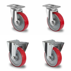 2 Lenkrollen und 2 Bockrollen für Rollbehälter im Durchmesser 125 mm mit Lauffläche aus rotem Polyurethan und Polyamid-Felge