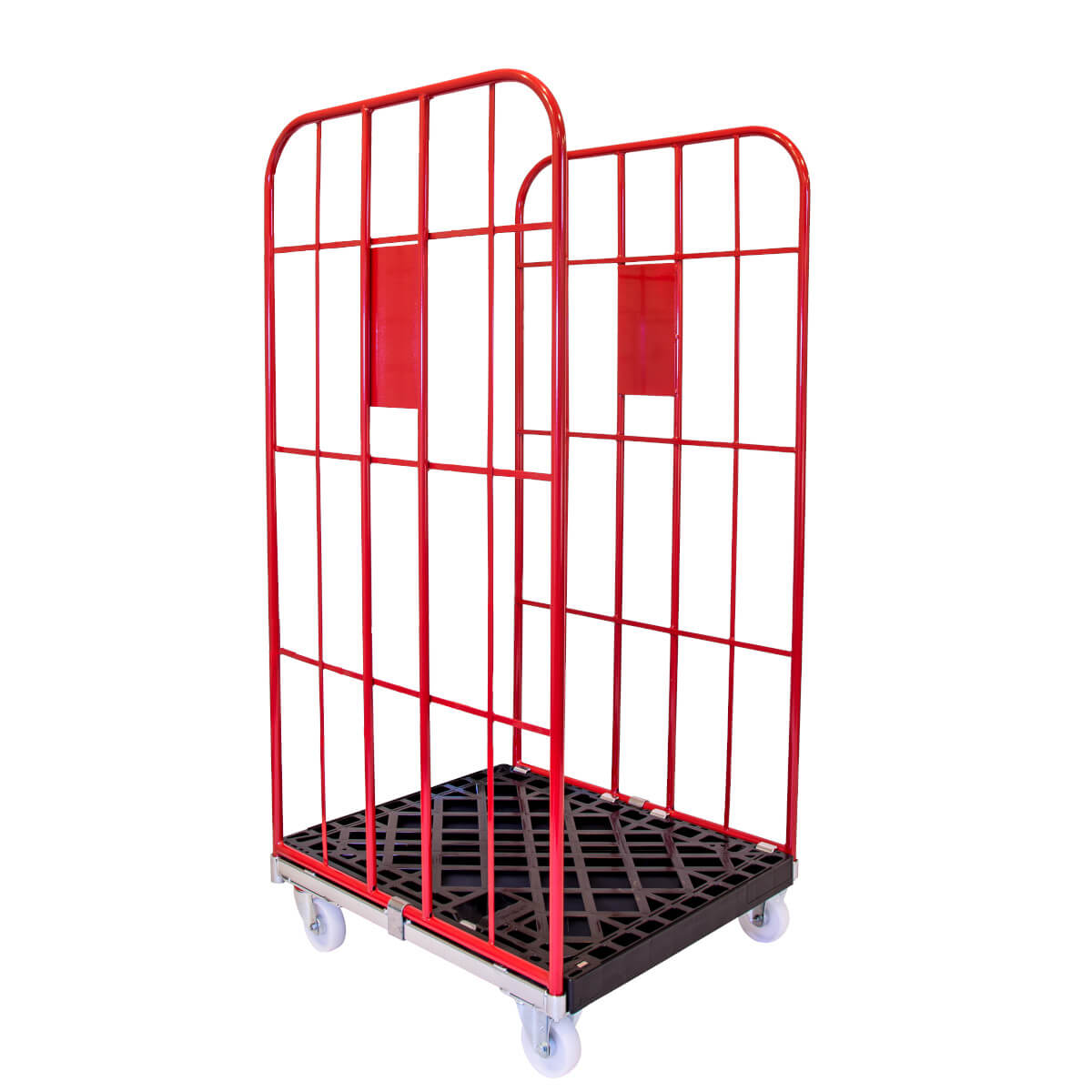 Rollbehälter nestbar 1350 mm mit schwarzer Kunststoffplatte und roten Gitterwänden
