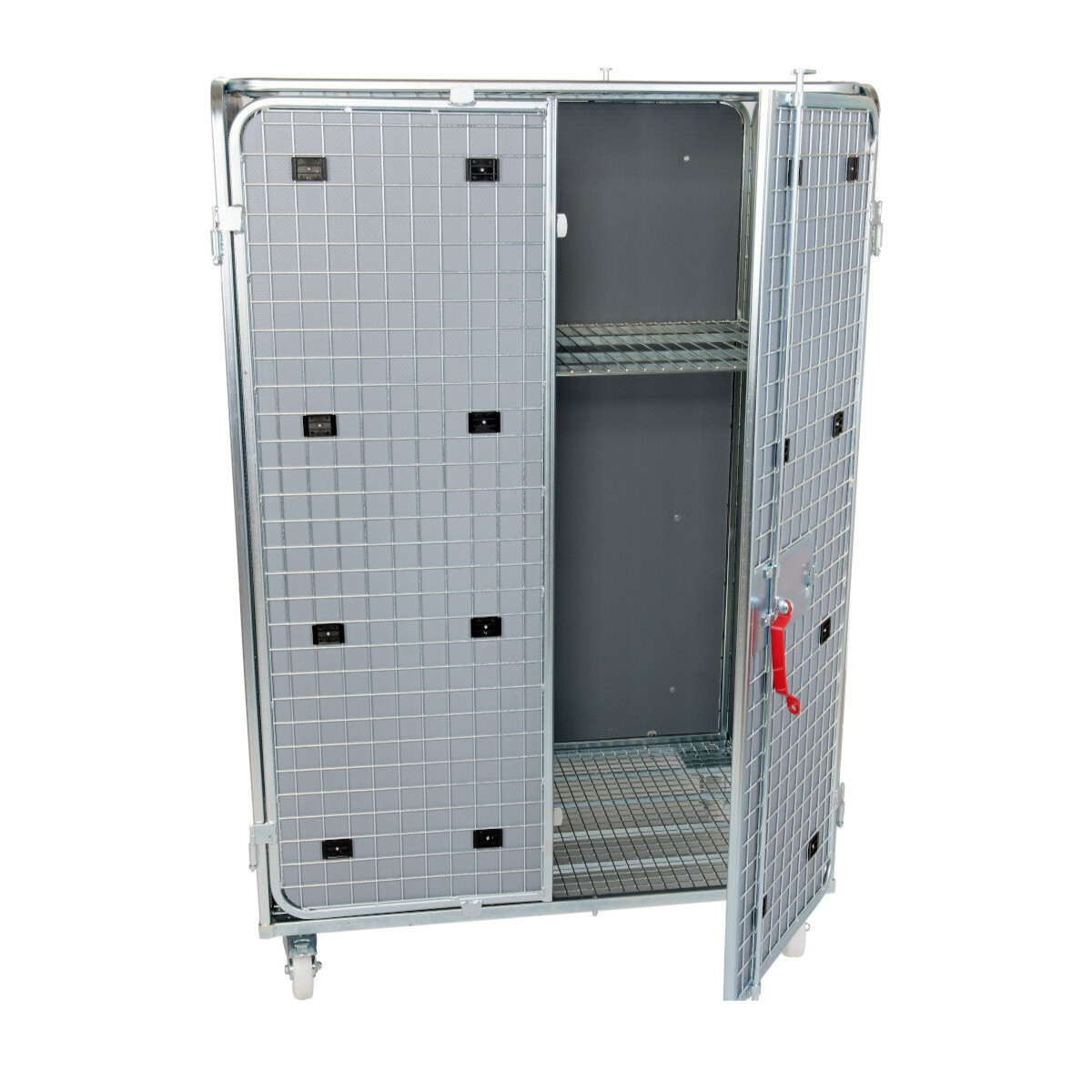 Stahlrollbehälter Antidiebstahl mit Sichtschutz 1200 x 800 mm, 1 Zwischenboden und offener Tür